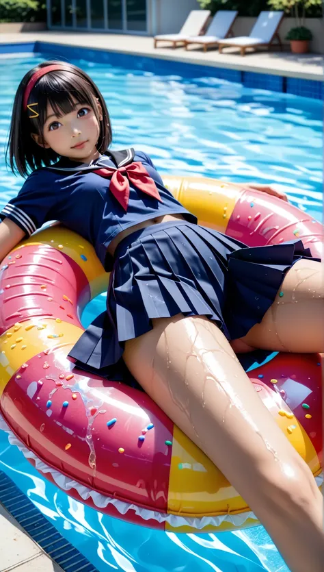 ((((One wet girl lying on a float in the pool flips over her skirt、prone born、 wet slender body 、 cuteお尻、濡れた cuteお尻をクローズアップする))))、((((extreme-upThin thighs、Thin thighs、 Low Angle Back Shot、 dark skin))))、 photography,  by Nomi,  top quality,  detailed face...