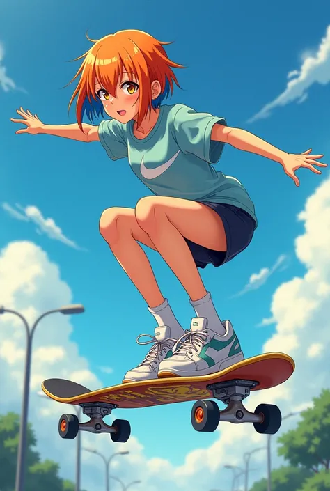  anime style、 active high school girl、 Bob Hair、orange and blue hair、 golden eyes、I&#39;m riding a skateboard、 it's floating in the air、 sporty outfit 