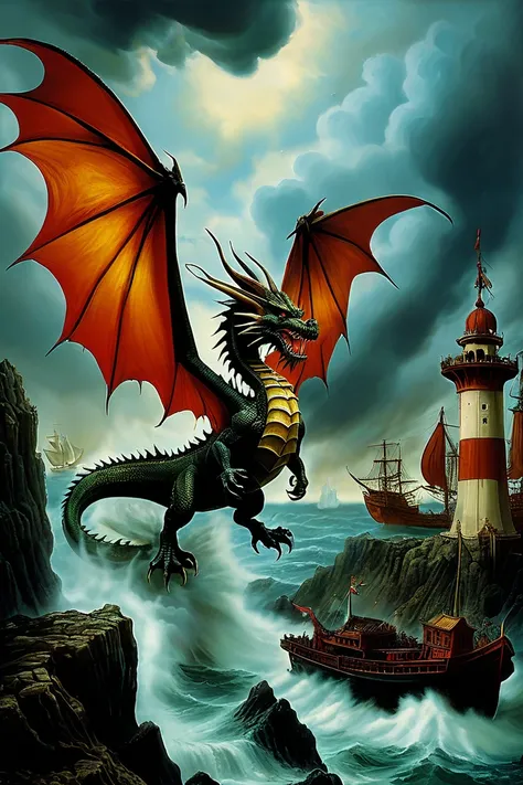 An image of a huge, menacing dragon peeking out from behind a large cloud, with its head hovering over two old-fashioned ships. The dragon has burning eyes and a wide-open mouth, exposing sharp teeth. The ships belong to a bygone era and are under the yoke...