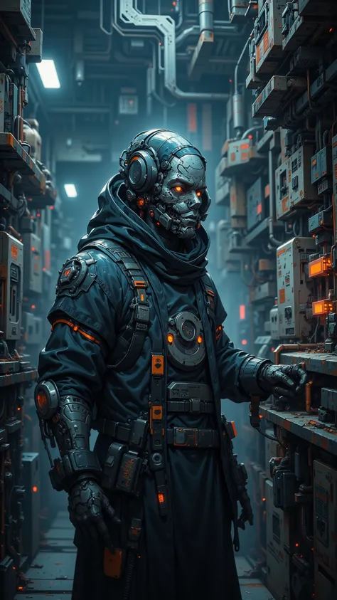  A mysterious researcher in a secluded laboratory， Expressionless face ， Advanced technical equipment ， Committed to a groundbreaking discovery ， dressed in futuristic clothing ， around complex machinery ，Treasure of knowledge 