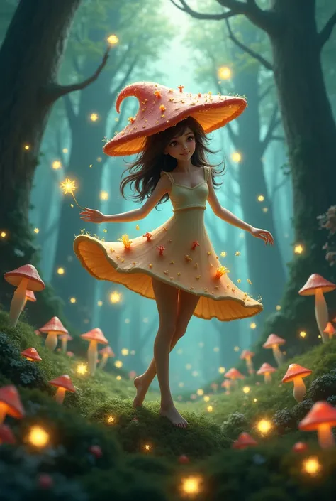 
Mushroom girl dancing with fireflies