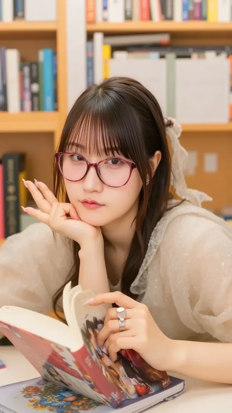 "A cute woman wearing glasses, sitting in a cozy study room, deeply absorbed in reading a book. She has a gentle smile, with soft, medium-length hair and a casual outfit. The study room has warm lighting, a wooden desk with books scattered around, and shel...