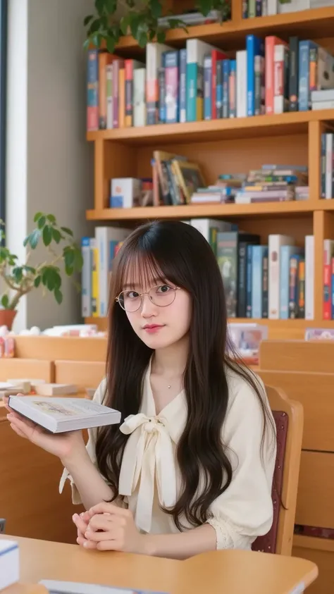 "A cute woman wearing glasses, sitting in a cozy study room, deeply absorbed in reading a book. She has a gentle smile, with soft, medium-length hair and a casual outfit. The study room has warm lighting, a wooden desk with books scattered around, and shel...