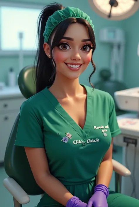 A captivating portrait of Kerri, a confident and charming sedation dentist from Porto, Portugal. She is seated on a dental chair, her striking features and tall, busty curvy figure accentuated by form-fitting low-cut green scrubs. The words "Knock-out gas ...