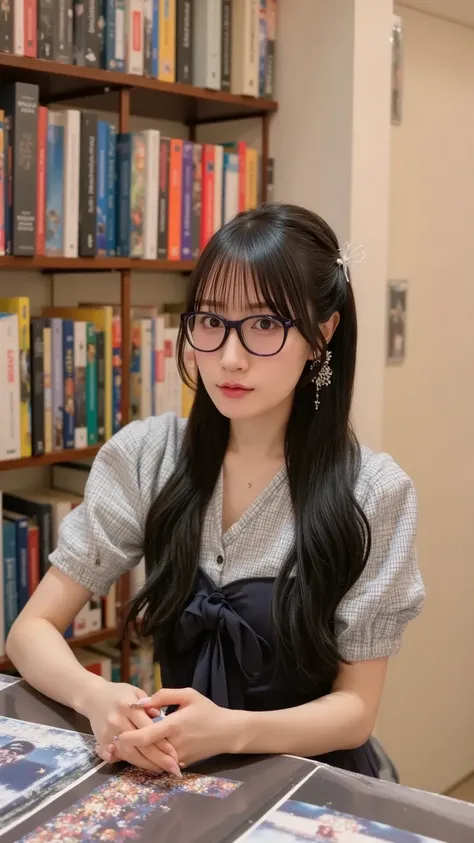 "A cute woman wearing glasses, sitting in a cozy study room, deeply absorbed in reading a book. She has a gentle smile, with soft, medium-length hair and a casual outfit. The study room has warm lighting, a wooden desk with books scattered around, and shel...