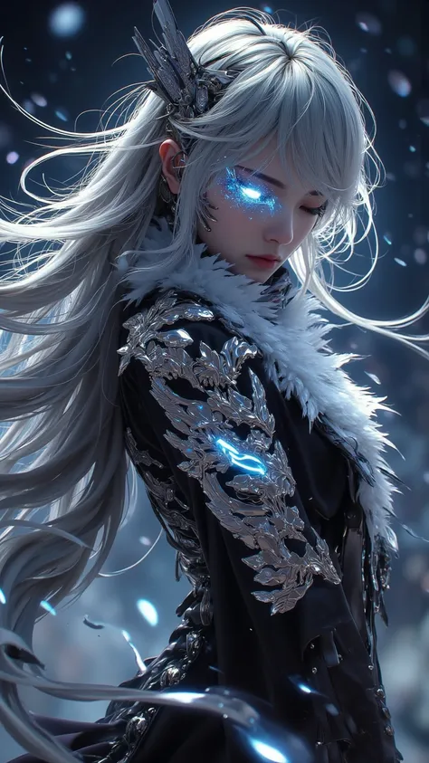  A Charming Work ， Shows a Mighty Witch， One Eye Closed ， Mysterious Breath ， Silver Hair Flowing in the Wind ， Charming Armor ， Streamline Tail Like a Fox ， Weiwu Pace ，night，Desert Elegant ， Lightning Magic 