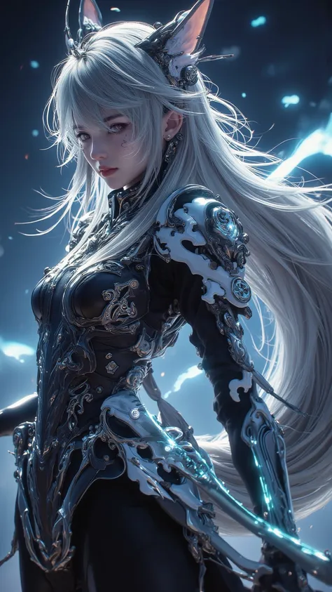  A Charming Work ， Shows a Mighty Witch， One Eye Closed ， Mysterious Breath ， Silver Hair Flowing in the Wind ， Charming Armor ， Streamline Tail Like a Fox ， Weiwu Pace ，night，Desert Elegant ， Lightning Magic 