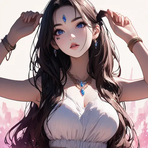   top quality、Ultra-precise depiction、 detailed map、  bright colors visible from the forehead、 beautiful girl 、 alone、Age 30、 accurate facial depiction、 bed、 supine 、Pink sheets、Jewelry scattered on the bed、 sleeveless shirt、 shorts、Pin Light、 bust up、 Bot...