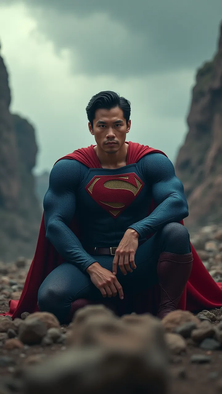 Asia handsome man with classic superman suit knee down