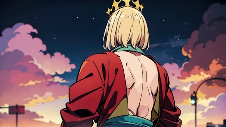  anime art.MAKE AN ANIME CHARACTER WITH HIS BACK WEARING A CROWN AND DRESSED AS A KING FROM A TRIBAL TIME.  anime art