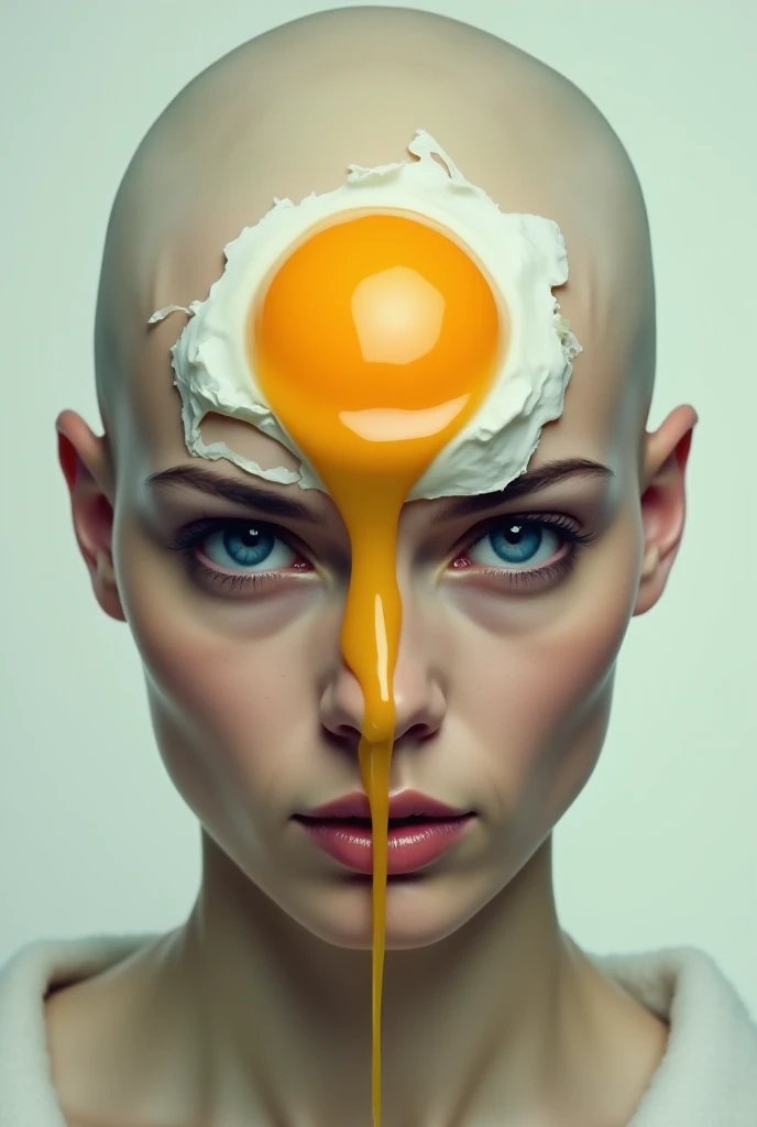 "A hyper-realistic digital painting of a bald woman with blue eyes, staring intensely. Her forehead has a large cracked egg with a runny yolk dripping down her face, blending surrealism with realism. The background is neutral and soft, enhancing the dramat...