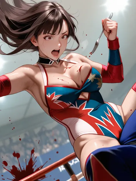 Female wrestler, Japanese, veteran,A sexy costume with a red rising sun flag pattern on white fabric,vs boyfriend,wrestling match,Fork stuck in breast, blood splatter, defeat, falling, costume torn,top rated on pixiv, realistic anime style at pixiv