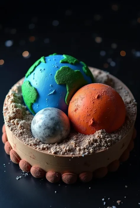 {
  "prompt": "A highly realistic and artistic cake designed to look like a celestial plate featuring Earth, the Moon, and Mars. The cake is circular, resembling a space-themed dish, with a beautifully detailed Earth in blue and green frosting, a smaller M...