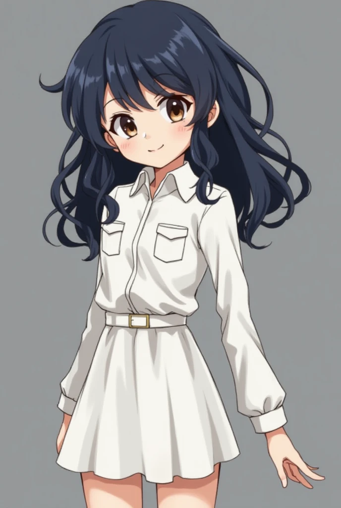 Screenshot: The Promised Neverland, chica,  dark brown eyes ,  dark blue hair,  with a small smile on my face,  long sleeve white shirt with collar, medium-short white skirt, round, slightly torn eyes ,  WHITE LEATHER FUND,  medium hair