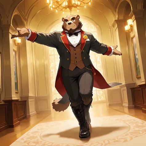 character focus, full body, looking away, dynamic angle, masquerade, a middle-aged bear man, light smile, costume clothes, flamboyant, pants, boots, beautiful mask, tailcoat, dancing, BREAK full body in Michelangelo Buonarroti style, housamo style, digital...