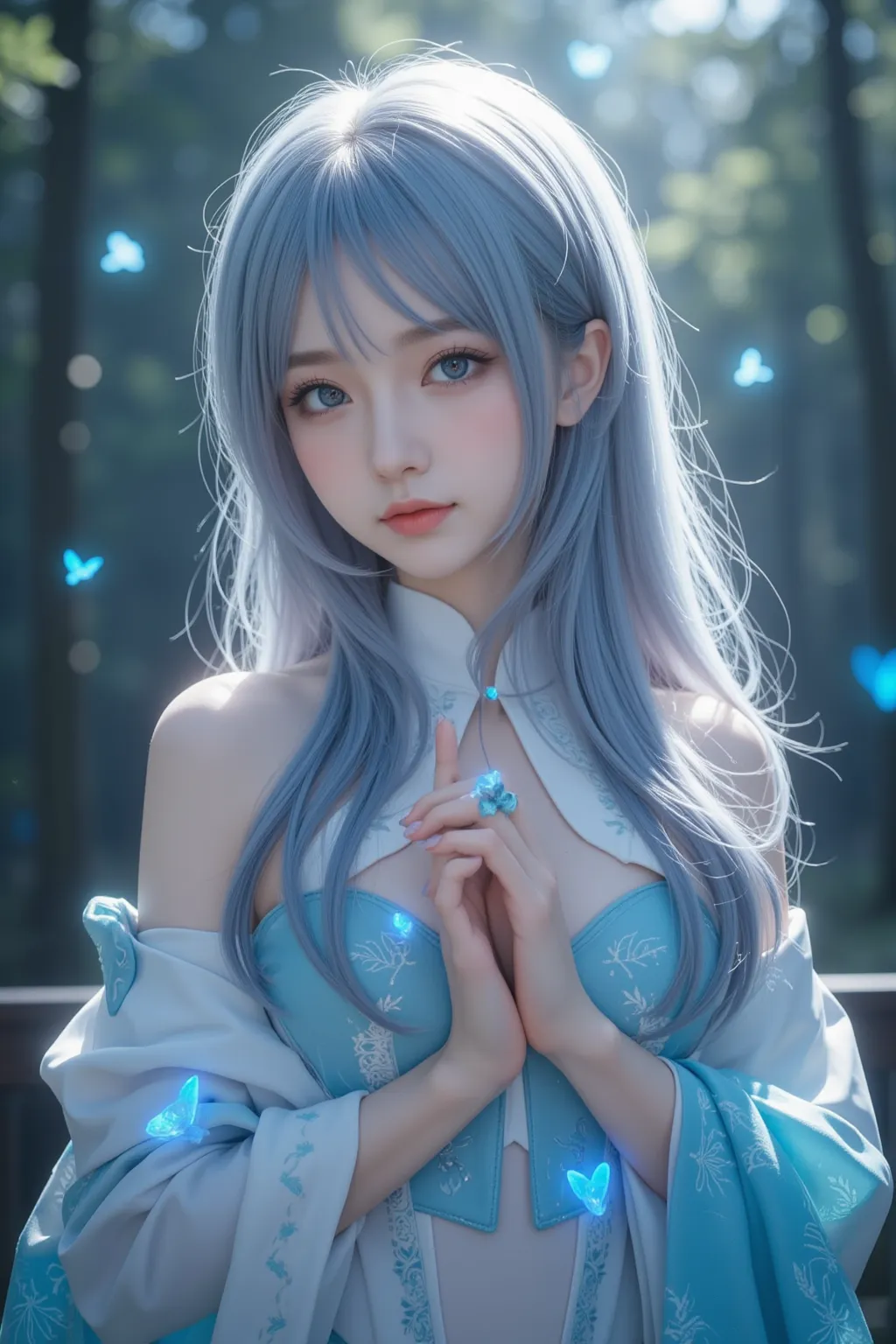 (Ultra-high quality, hyper-detailed, 8K, cinematic lighting, photorealistic anime style),  
(Female Rimuru Tempest version: 1.3, graceful yet powerful, exuding both serenity and strength, embodying a sense of quiet leadership),  
(Silky, light blue hair ca...