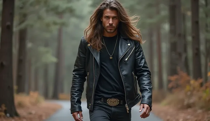 long wavy hair Handsome man rocker style wearing punk leather jacket and t shirt metal and sneaker shoes, wearing black leather jeans  walks with a big wolf