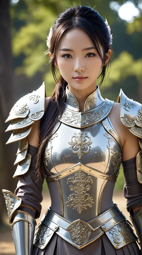 4K Raw photo.
A beautiful young Japanese woman standing in a fantasy world.
She is lightly made up and has a fearless smile on her face.
She is wearing transparent armor on her bare skin.
She wears a forehead patch of the same color as her armor and holds ...