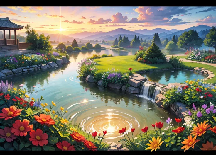 fantastic, beautiful, bright colors, bright light, sunrise, flowers, shining, beautiful atmosphere, wonderful, pictorial style, baptism, clear sky, nothing, no one, fertile earth, Garden of Eden, Xian