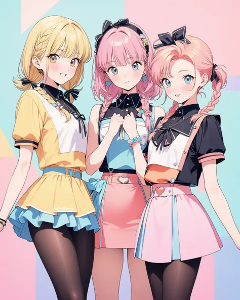  Girls with cute faces by Hashimoto Kanna、(  top quality:1.2,   very well detailed,  latest,   lively ,    Masterpiece:1.2,   top quality,   Best Aesthetics),  (( good-looking idol、1.4)),   colorful hair, short bob ponytail braids ,   pastel colors  ,   19...