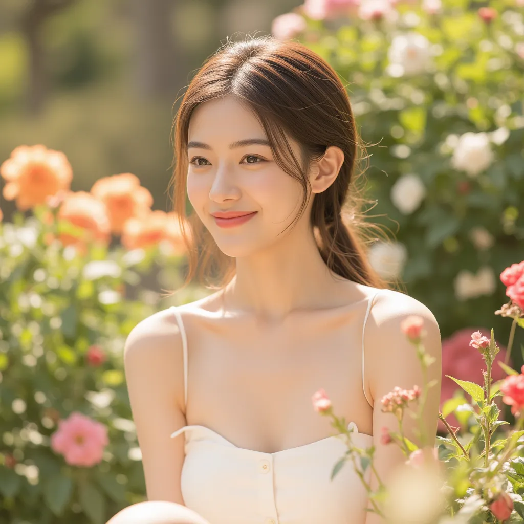 A charming 20-something cute super sexy Japanese person enjoying a relaxing moment in a breathtaking garden full of blooming flowers, captured in a medium close-up shot. They are dressed fashionably in warm colors such as soft white, wearing a revealing ye...