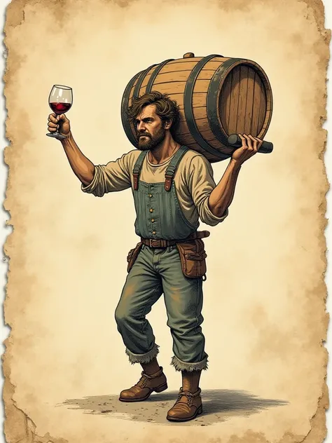 The image on old paper of a man with a wine barrel on his shoulder and a glass of wine in his hand