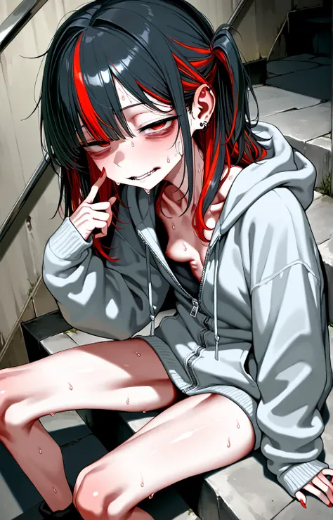 sfw,gyaru,solo girl,black hair,streaked red_hair,small breast,[emaciated:1.3],hungry,hoodie,Widening one’s eyes,half-closed eyes,looking at viewer,sitting on stairway,front side,sweat,finger to cheek