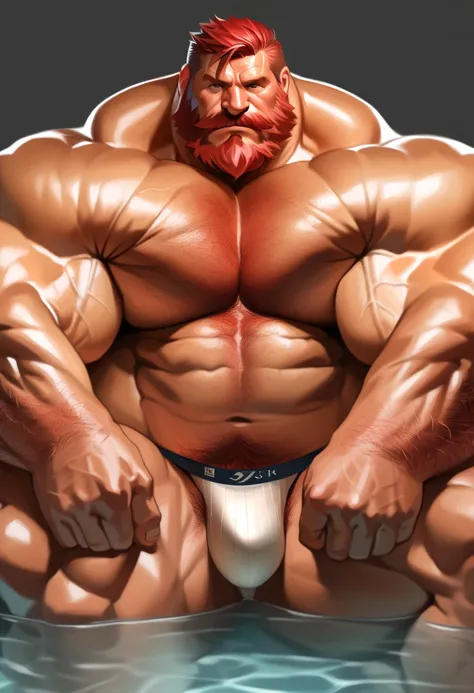 solo, 1boy, Muscular Old man, wide shoulder, pectoral, male human, thick arms, chest hair, arms hair, pubic hair, (very huge pectoral, wide pectoral), sitting on onsen, short red hair, jockstrap and shirtless, simple background, masterpiece, semirealistic:...