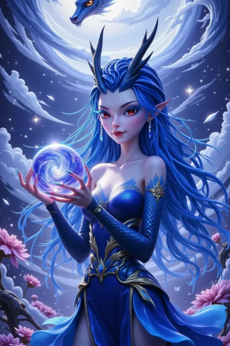  a bioluminescent blue A celestial spirit with skin floats above an inverted layer of clouds, surround a field of inverted waterfalls ,  Her flowing hair falls on ice crystals into a spinning airflow .  She holds a pulsating dragon ball ,, which contains a...