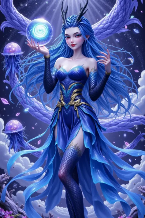  a bioluminescent blue A celestial spirit with skin floats above an inverted layer of clouds, surround a field of inverted waterfalls ,  Her flowing hair falls on ice crystals into a spinning airflow .  She holds a pulsating dragon ball ,, which contains a...