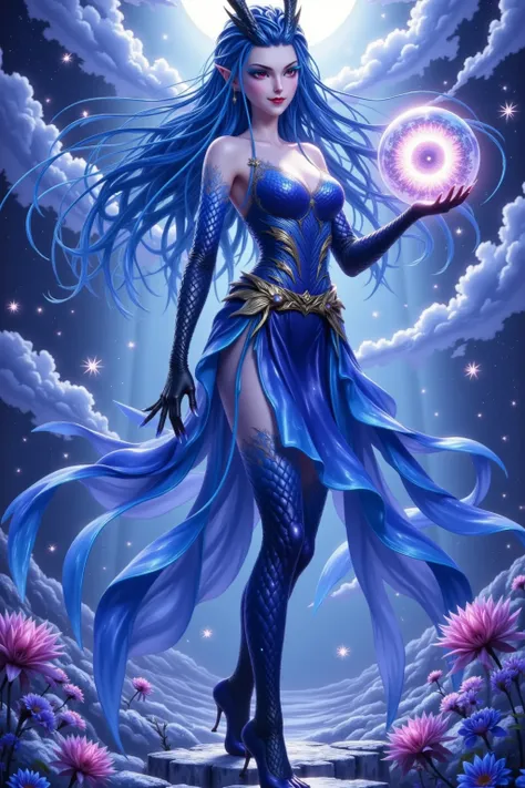  a bioluminescent blue A celestial spirit with skin floats above an inverted layer of clouds, surround a field of inverted waterfalls ,  Her flowing hair falls on ice crystals into a spinning airflow .  She holds a pulsating dragon ball ,, which contains a...