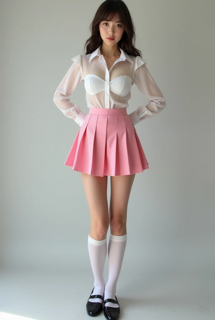 High school schoolgirl with big breasts transparent and small white shirt unbuttoned from the breasts slender and small waist wearing a pink pleated miniskirt with a raised butt with white knee-length stockings she wears black patent leather shoes with a s...