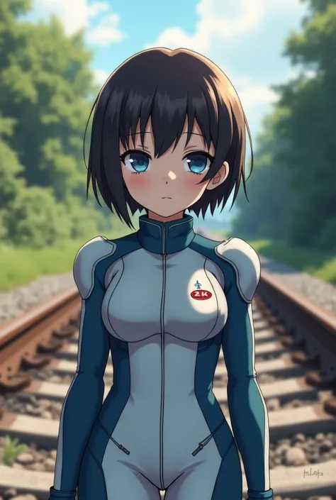 "4K anime style quality, digital drawing mode, a shy and introspective girl with short dark brown hair and deep blue eyes, wearing a white and blue plug suit standing in an abandoned railway track, full body, contemplative stance exuding caution, soft cine...