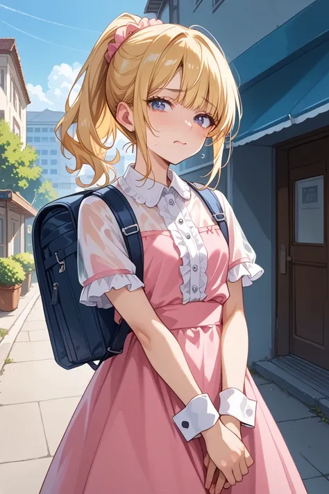  masterpiece,  top quality, , ultra detailed, ( 1girl , alone, Old dress, pInk dress, frIlls, see-throuGh short sleeves, wrIst cuffs , ponytaIl, diagonal bangs, Very Embarrassing Face ,G.I. haIrcut, blonde haIr), Outdoors, wearInG school backpack, ( backpa...