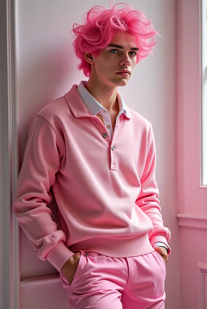 bottom omega male submissive, look innocent and attractive , feminine features and cocacola body, and super beautiful, he have a  coton candy  pink hair and his almond eyes color of nocturne, he wears a expensive sweaters and pink pants (ai arts style)