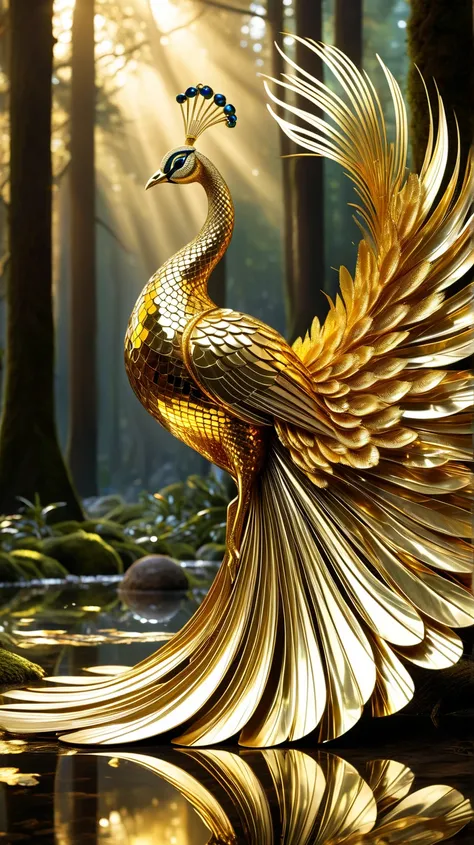 A dazzling golden Peacock forged entirely from gleaming, molten gold stands in majestic poise on a glimmering metallic forest floor. (Bird Appearance: its body crafted from intricately sculpted sheets of polished gold and pearl's feathers layered like perf...