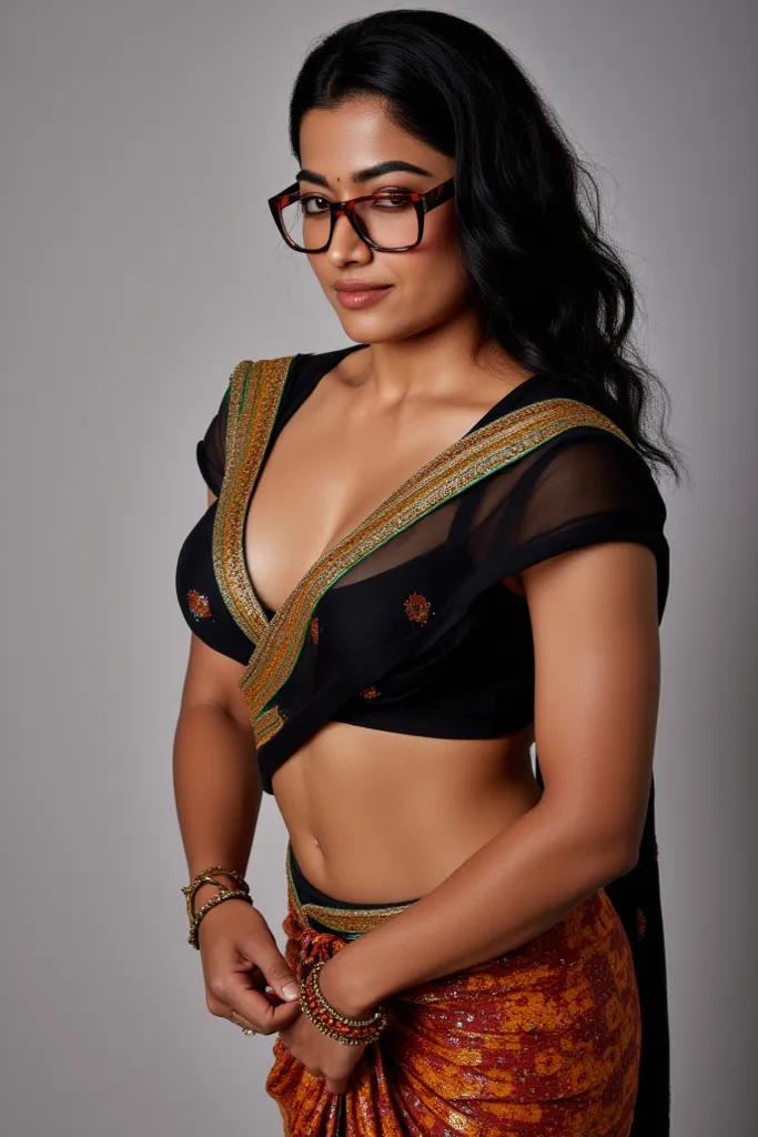 Indian fit girl with very large boobs wearing saree and blouse with cleavage and wearing specs looking like mia khalifa in a seductive manner