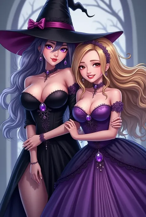 (Highest quality,Extremely detailed depiction,Incredible high resolution,Anatomically accurate depiction,Curvy Legs,Nice hands,Perfect Fingers,Glowing Skin,Oilskin),(There are two of them: one bewitching witch and one princess.:1.3),(A complex and elegant ...