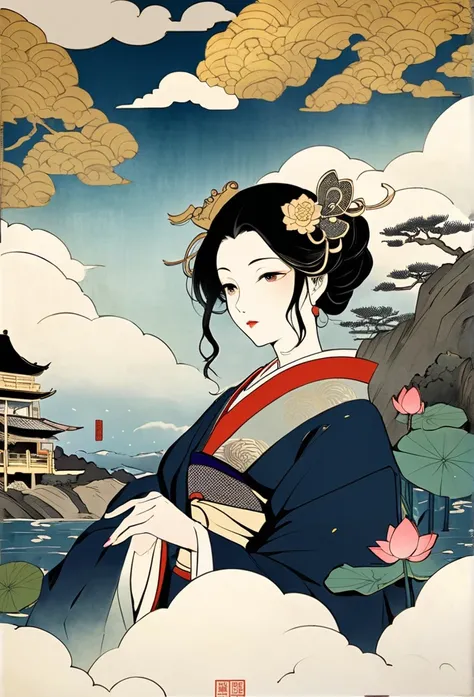  ukiyo-e、日本のgod話,  Inspired by India, ,  above Decorati has , Quiet look,  Ink painting, lotus, Chinese painting style,  tanker style 、女god、  Above the Clouds、  amazing、god々Shine、 Gold,  ribbon hair accessory , Crown, 