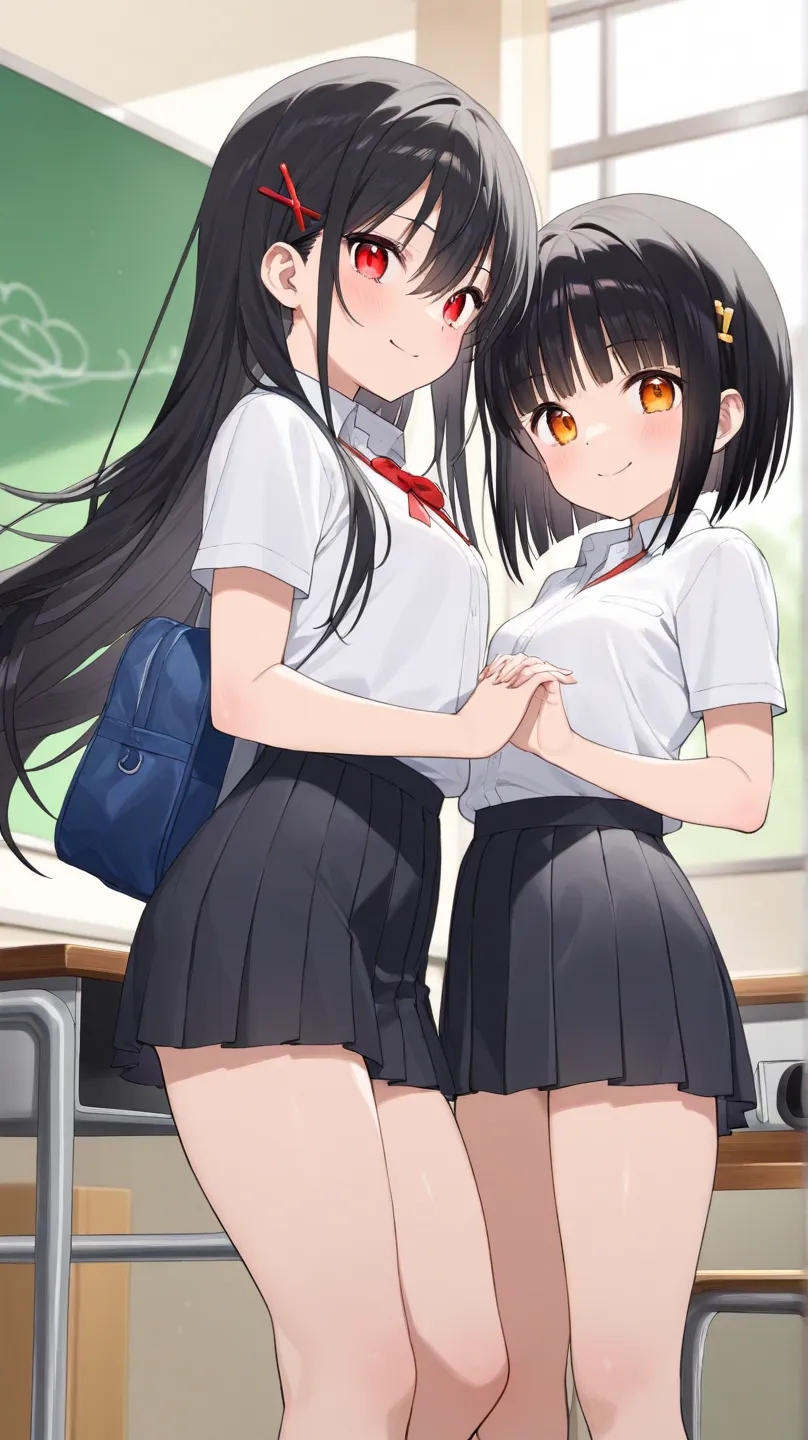 ( Masterpiece,  top quality:1.2)、 2 girls、 high school girl、Laugh together、Good friends、School、classroom、 tennis wear、 pleated skirt、break、(1 person has amber eyes 、 long hair、 glossy black hair 、Slender limbs、 model body type)、break、(The other one is shor...