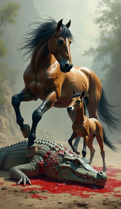 A horse and its foal kill a crocodile and leave it bloody.