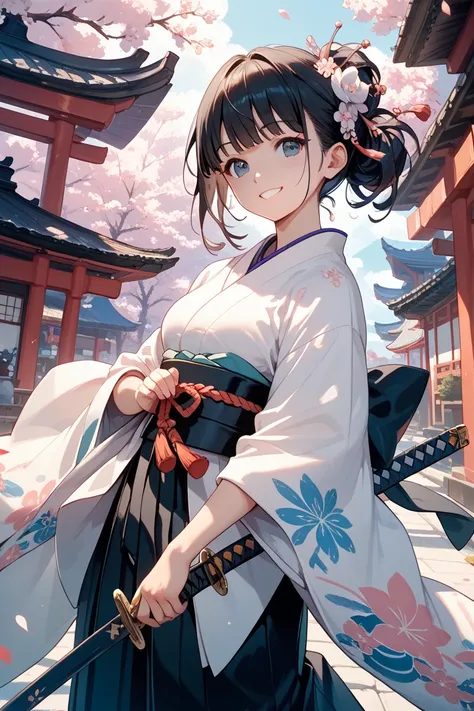 1girl, pretty and cute, black hair, masterpiece, simple, comical, smile, :3, (white japanese clothes, black hakama), japanese sword katana