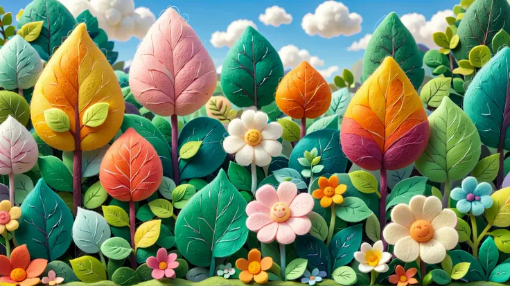 Felt Forest ,  Felt Plants、Leaf。tree々。Showcasing delicate handcrafted details and color gradations. Adopts a warm felt art style, Soft light and shadow interwoven, Digital rendering of felt texture