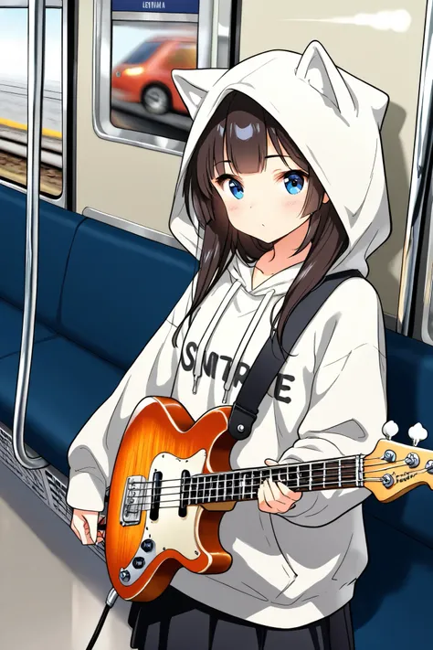  A young girl in an oversized hoodie plays bass guitar inside a moving train, suasana yang hidup dan interesting,  modern urban street style ,  art inspiration by Banksy and Keith Haring , 4K UHD image , alluring , interesting