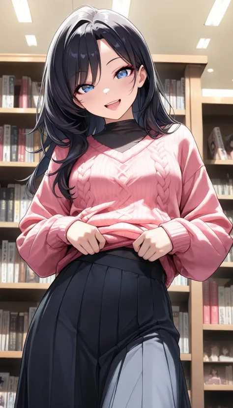 1 young school girl , Pure Bitch, Captivating Body,  Smile,  open the mouth wide , ( black hair,  long hair),  pink knitted sweater,  black undershirt visible through gaps in the knit,  sexy long skirt with slit ,  sexy body, Perfect Lips,  graffiti , sexy...