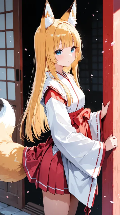  high res， high image quality， 1 girl， small breasts，
 long golden hair，blunt bangs，
Deep blue eyes，Eyes with highlights， 
Short stature，
 red and white shrine maiden costume，
 fox ears，1 fox tail ，
