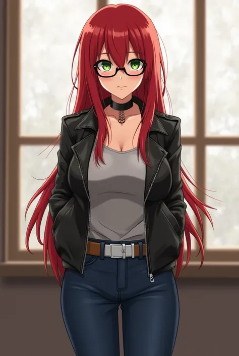 female, long straight bright red hair, bangs, green eyes, black leather jacket, light gray singlet, navy blue high rise ankle jeans, white belt, brown knee boots, black choker, medium boobs, glasses, perfect face, blushing, in front of a window