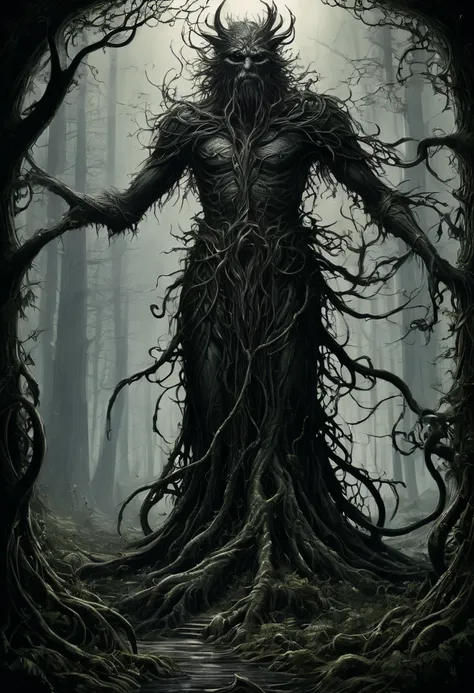 {{A ((hauntingly beautiful, intricately detailed)) sketch of {an enigmatic forest giant emerging from the gnarled roots of an ancient tree, its twisted form resembling both humanoid and arboreal elements}}} with {((long, vine-like tendrils hanging from its...