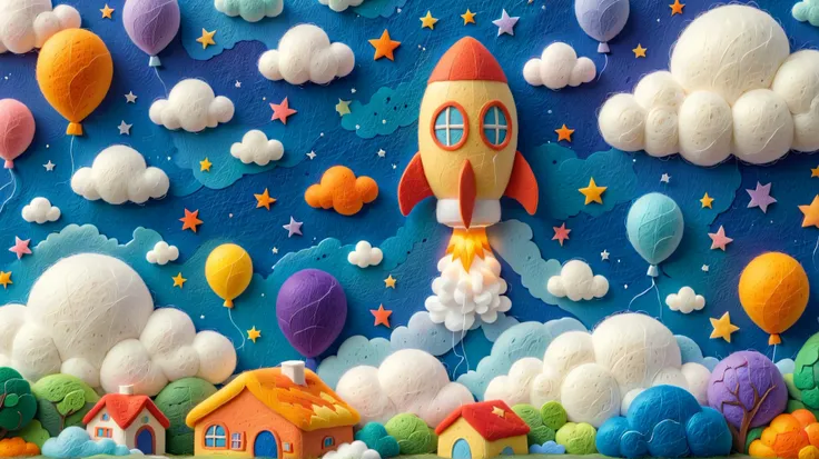 Felt rocket takes off into space like a dream, Surrounded by felt stars and felt nebulae, Showcasing delicate handcrafted details and color gradations. Adopts a warm felt art style, Soft light and shadow interwoven, Digital rendering of felt texture