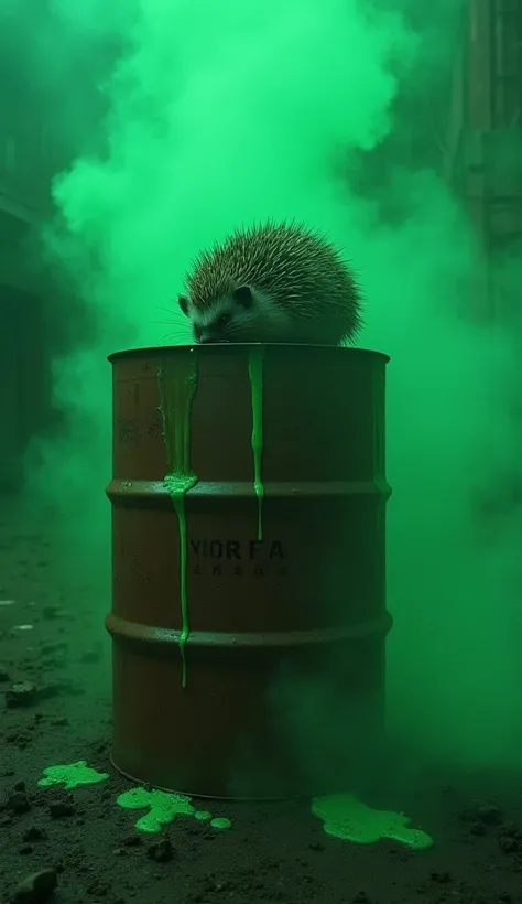 "A hedgehog sits atop a rusted, abandoned metal barrel, surrounded by thick, eerie green smoke. The barrel is leaking a glowing, toxic green substance that drips down its sides, pooling at the base. The air is filled with a misty radioactive fog, creating ...